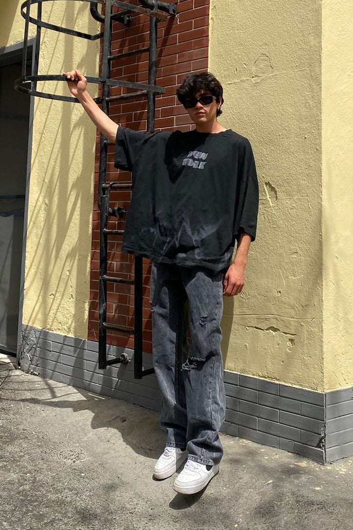 Hazy NY Baskılı Siyah Oversize Tshirt