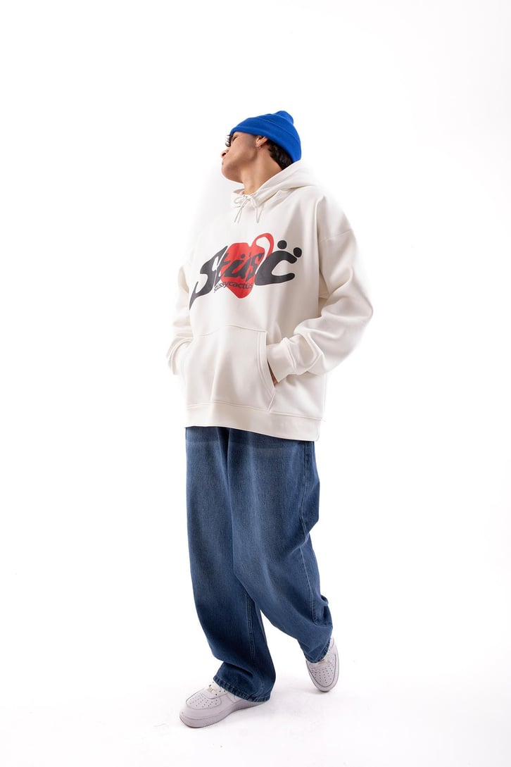 Heart Baskılı Beyaz Oversize Hoodie