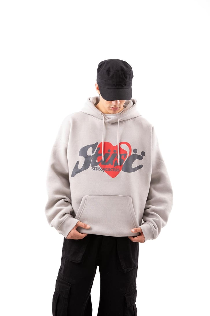 Heart Baskılı Taş Rengi Oversize Hoodie