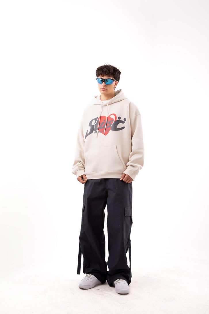 Heart Baskılı Taş Rengi Oversize Hoodie