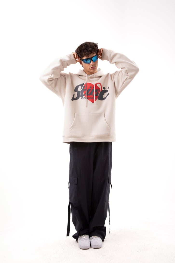 Heart Baskılı Taş Rengi Oversize Hoodie