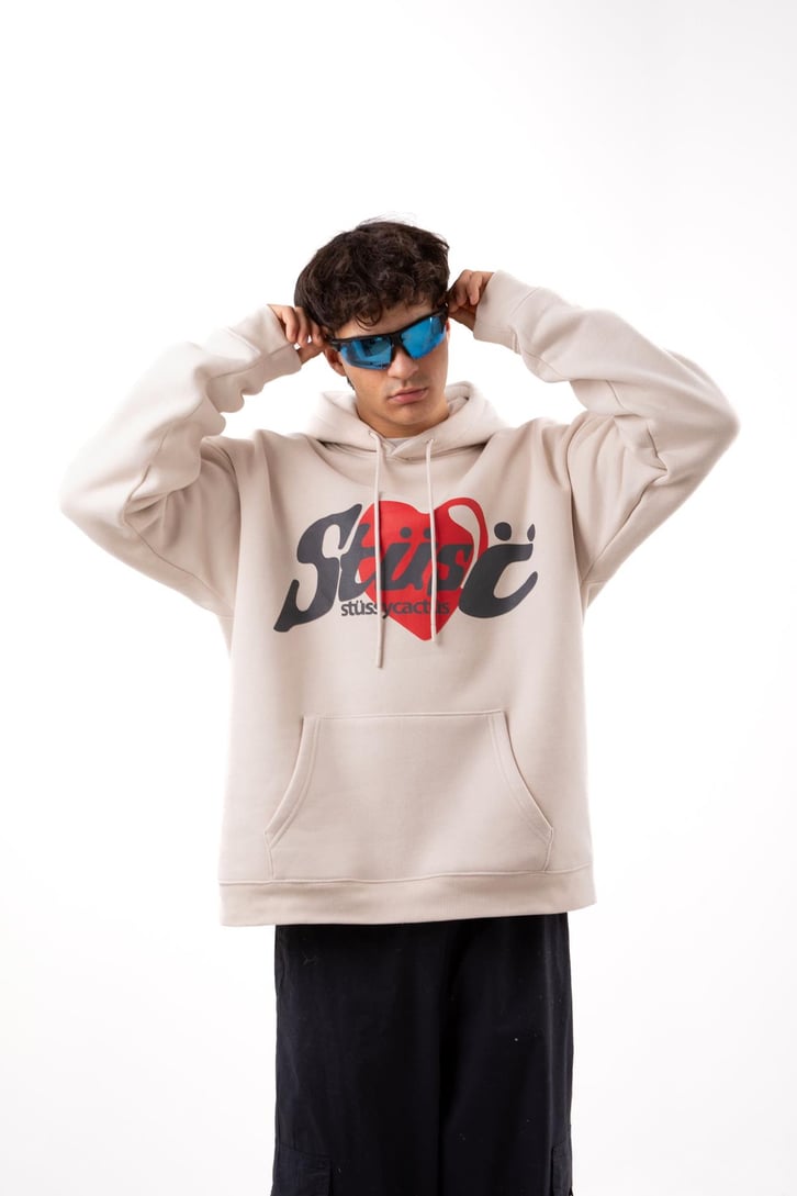 Heart Baskılı Taş Rengi Oversize Hoodie