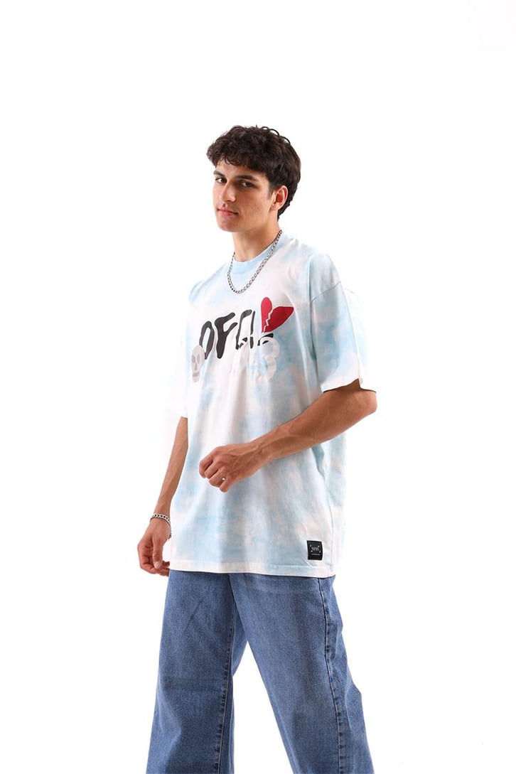 Heart Break Batik Desen Mavi Oversize Tshirt