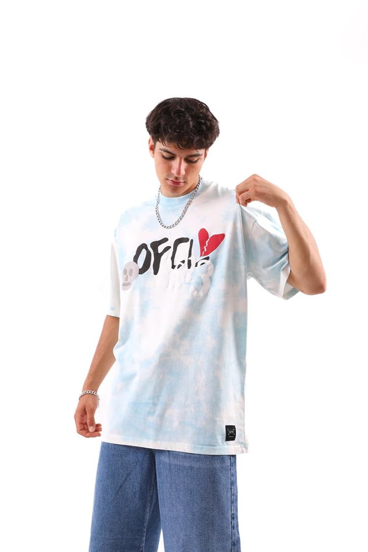 Heart Break Batik Desen Mavi Oversize Tshirt