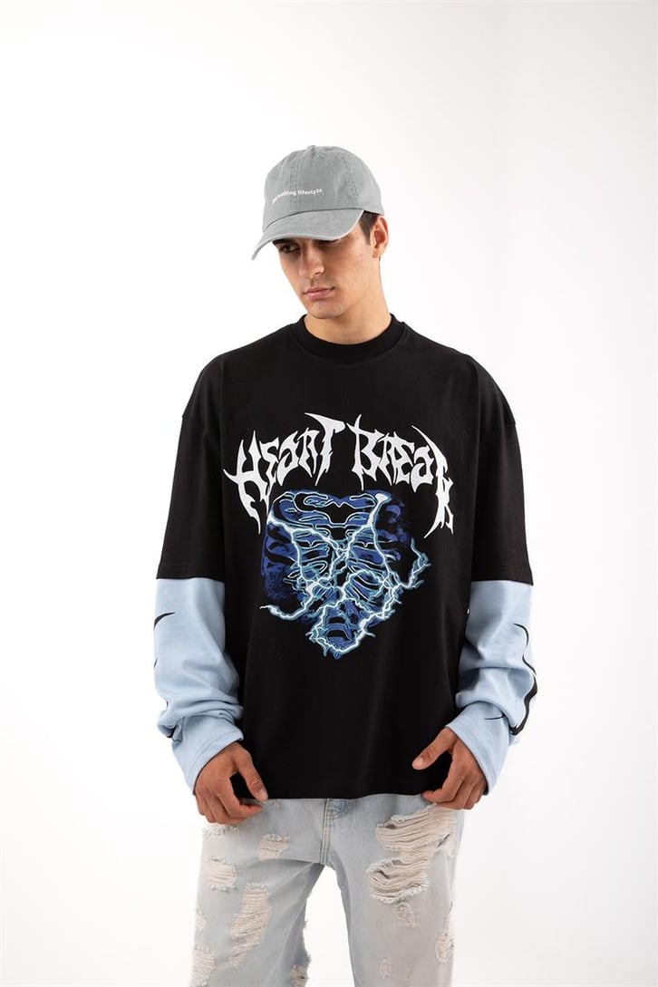 Heart Break Siyah Oversize Long Sleeve Tişört
