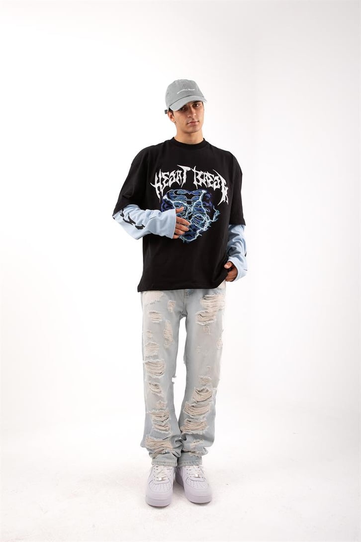 Heart Break Siyah Oversize Long Sleeve Tişört