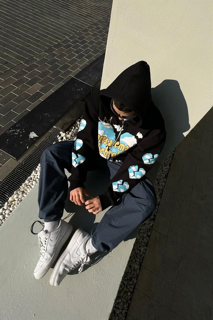 Heart Cloud Baskılı Siyah Zipper Hoodie