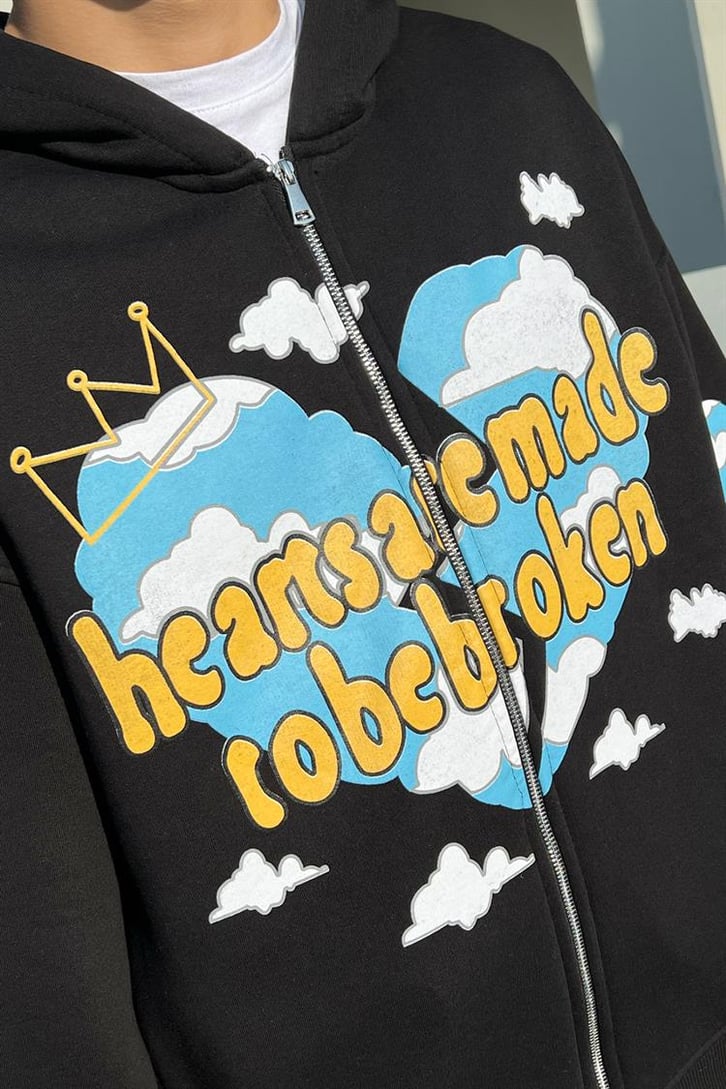 Heart Cloud Baskılı Siyah Zipper Hoodie