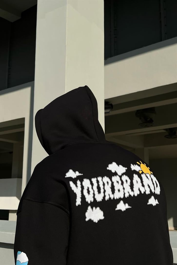 Heart Cloud Baskılı Siyah Zipper Hoodie