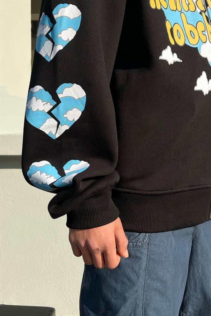 Heart Cloud Baskılı Siyah Zipper Hoodie