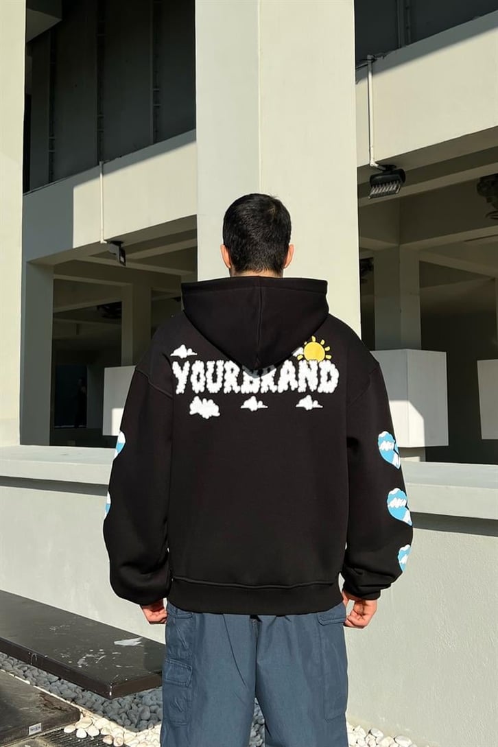 Heart Cloud Baskılı Siyah Zipper Hoodie