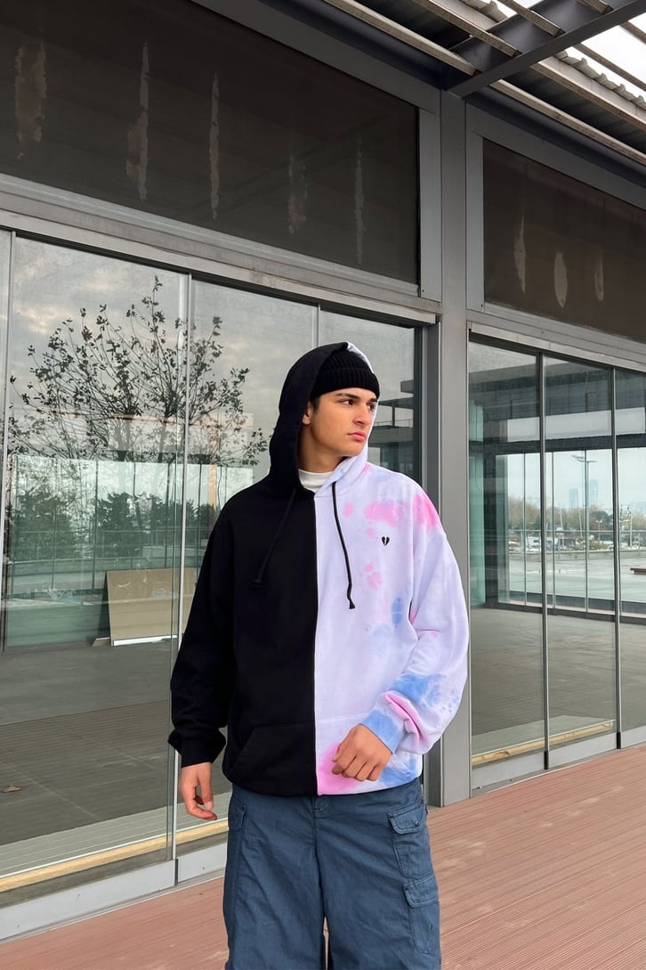 Heart Nakışlı Batik Desen Hoodie