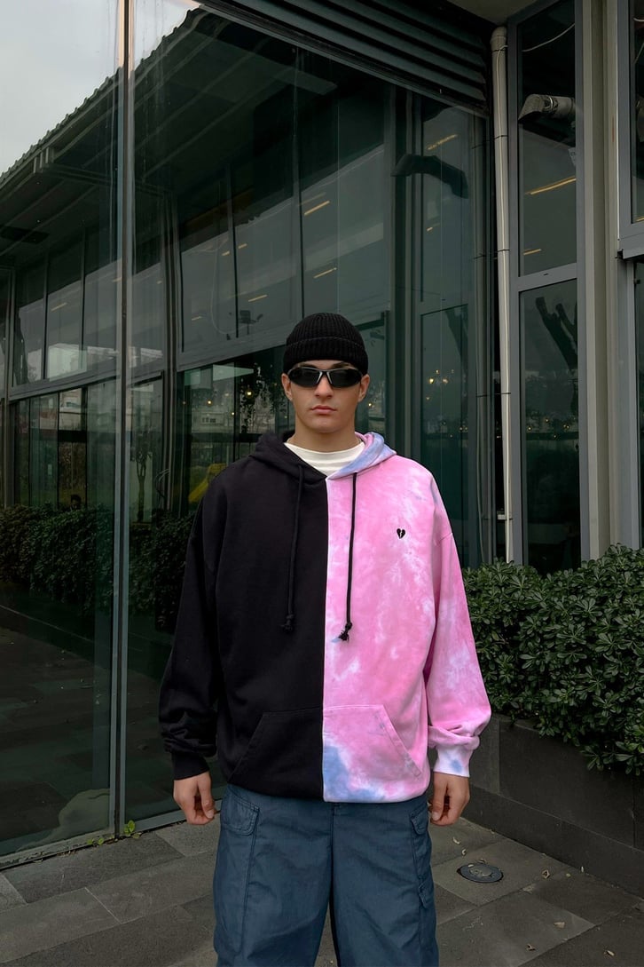 Heart Nakışlı Batik Desen Hoodie