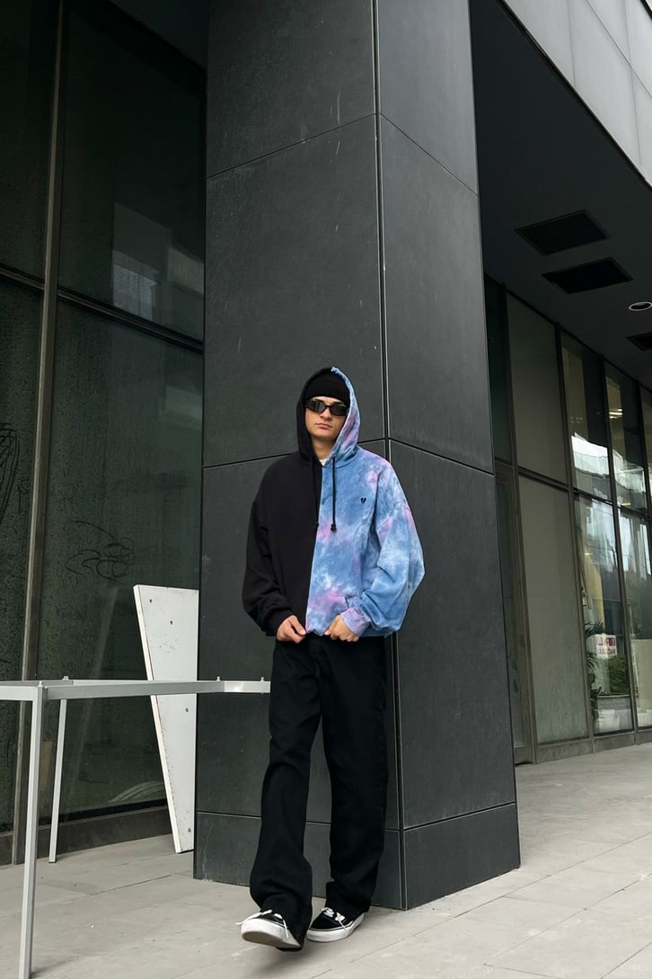 Heart Nakışlı Batik Desen Hoodie