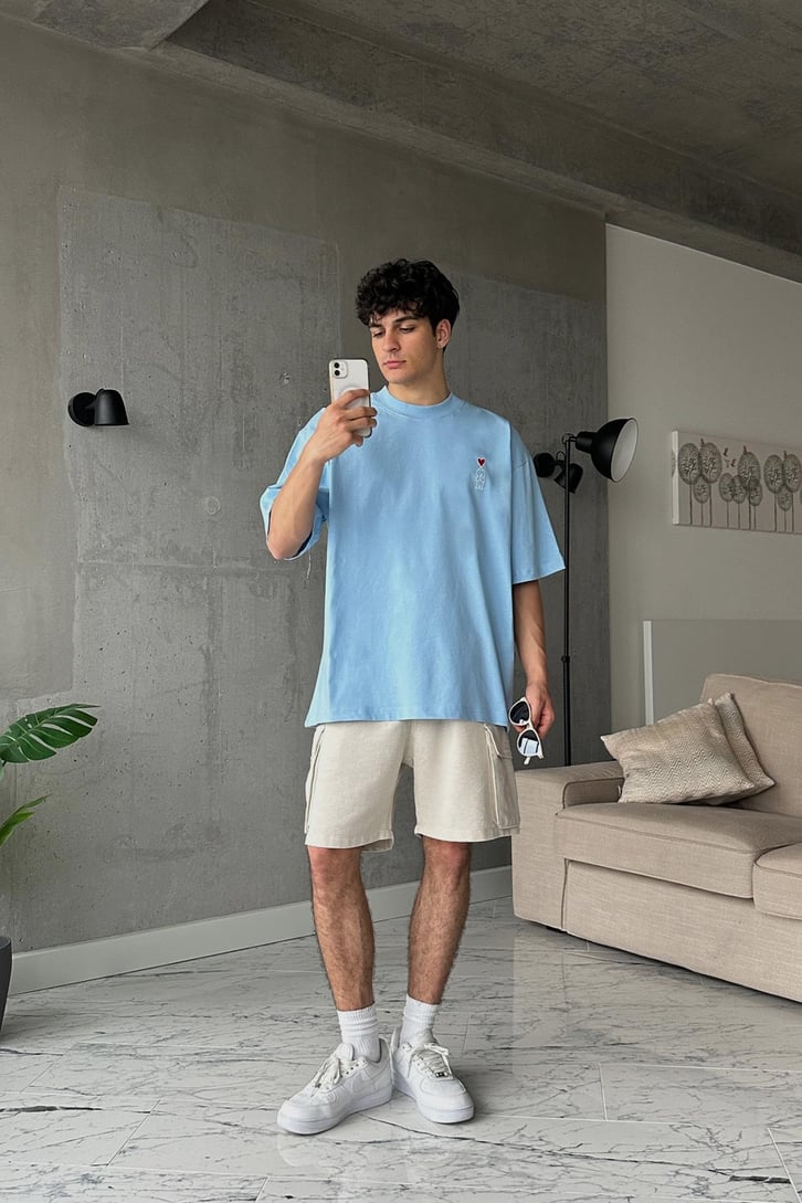 Heart Nakışlı Mavi Oversize Tişört
