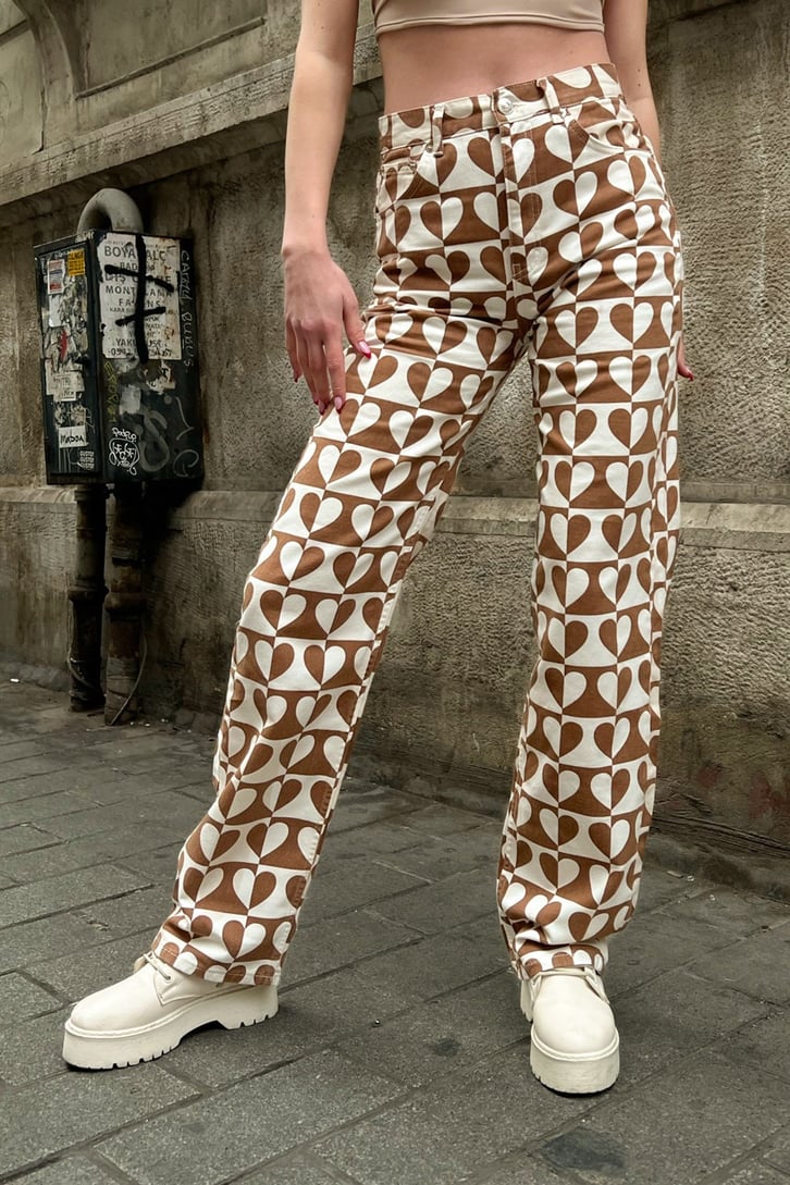 Heart Pattern Kahverengi Baggy Jean