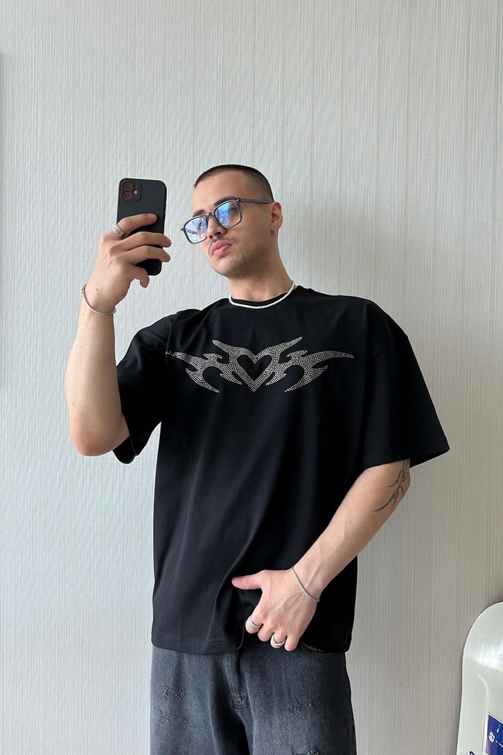 Heart Wings Taş İşlemeli Oversize Tişört