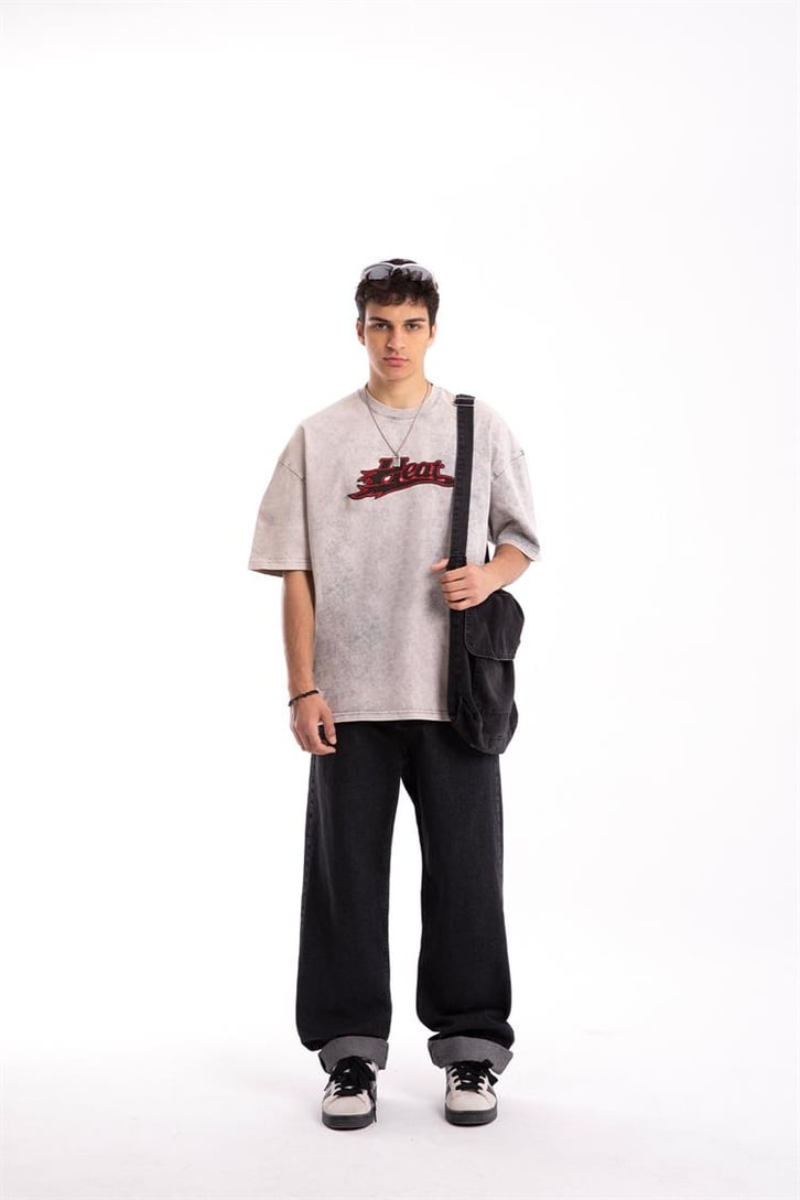 Heat Nakışlı Acid Wash Oversize Tshirt