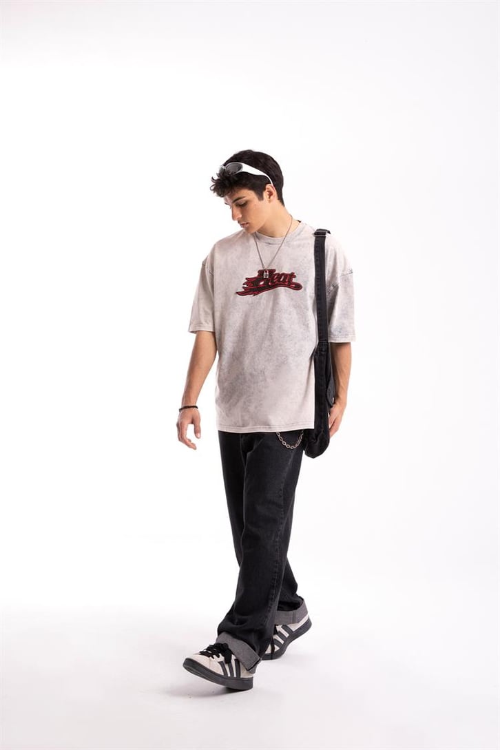 Heat Nakışlı Acid Wash Oversize Tshirt