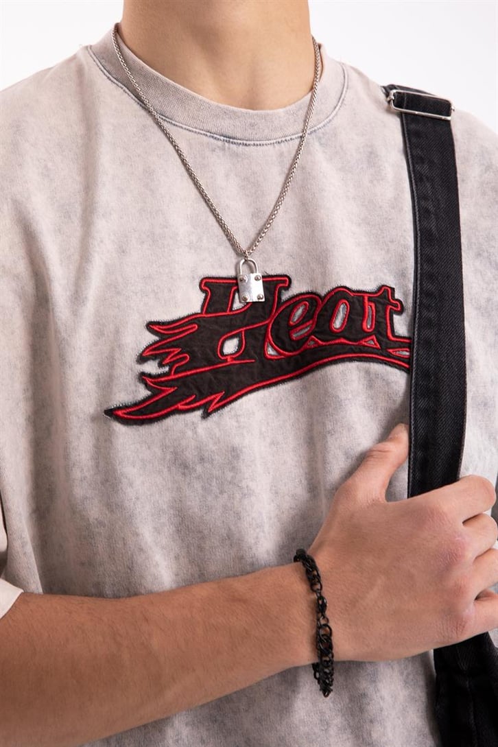 Heat Nakışlı Acid Wash Oversize Tshirt