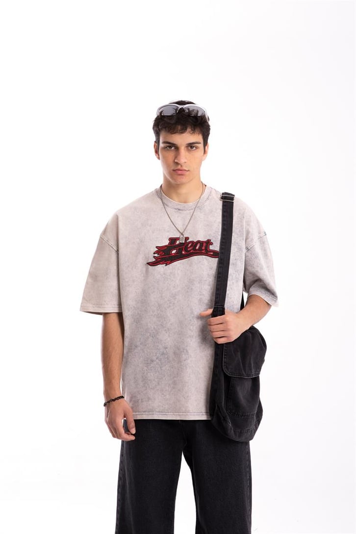 Heat Nakışlı Acid Wash Oversize Tshirt