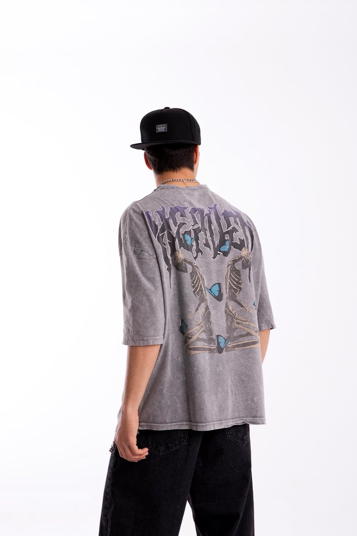 Heaven Baskılı Acid Wash Oversize Tshirt