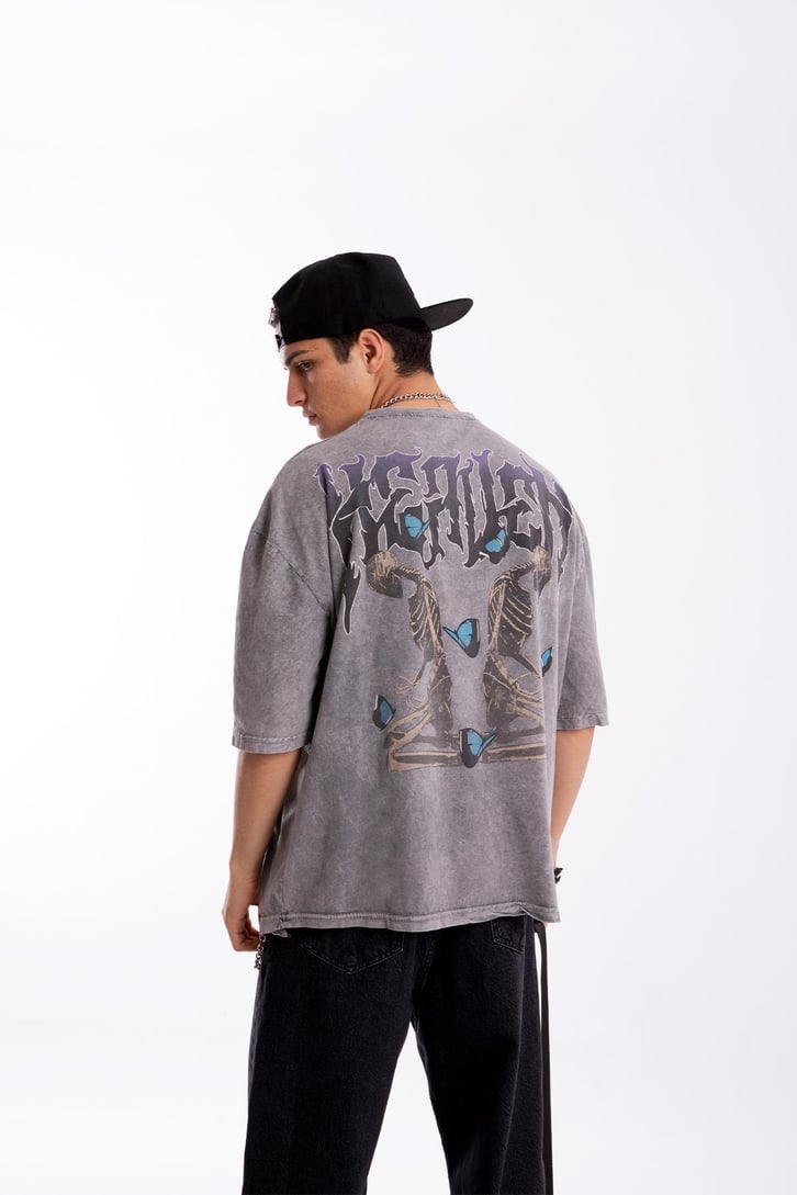 Heaven Baskılı Acid Wash Oversize Tshirt