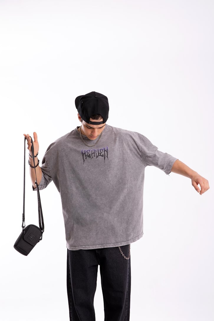 Heaven Baskılı Acid Wash Oversize Tshirt