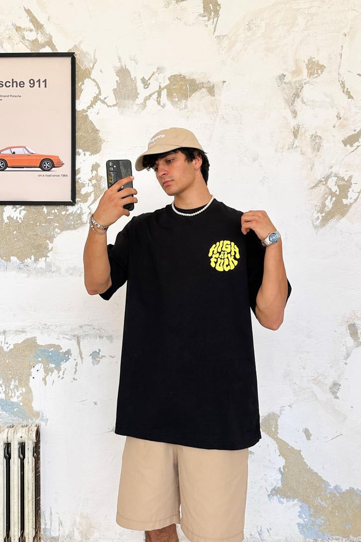 High As Fuck Baskılı Beyaz Oversize Tshirt