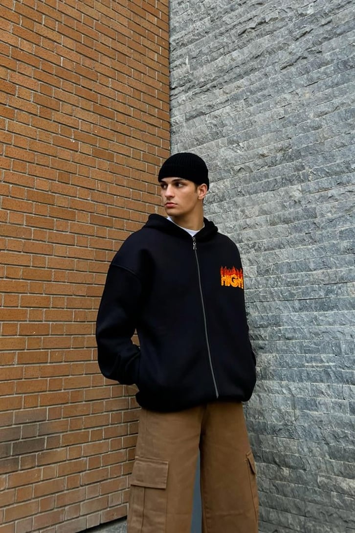 High Nakışlı Siyah Oversize Zipper Hoodie
