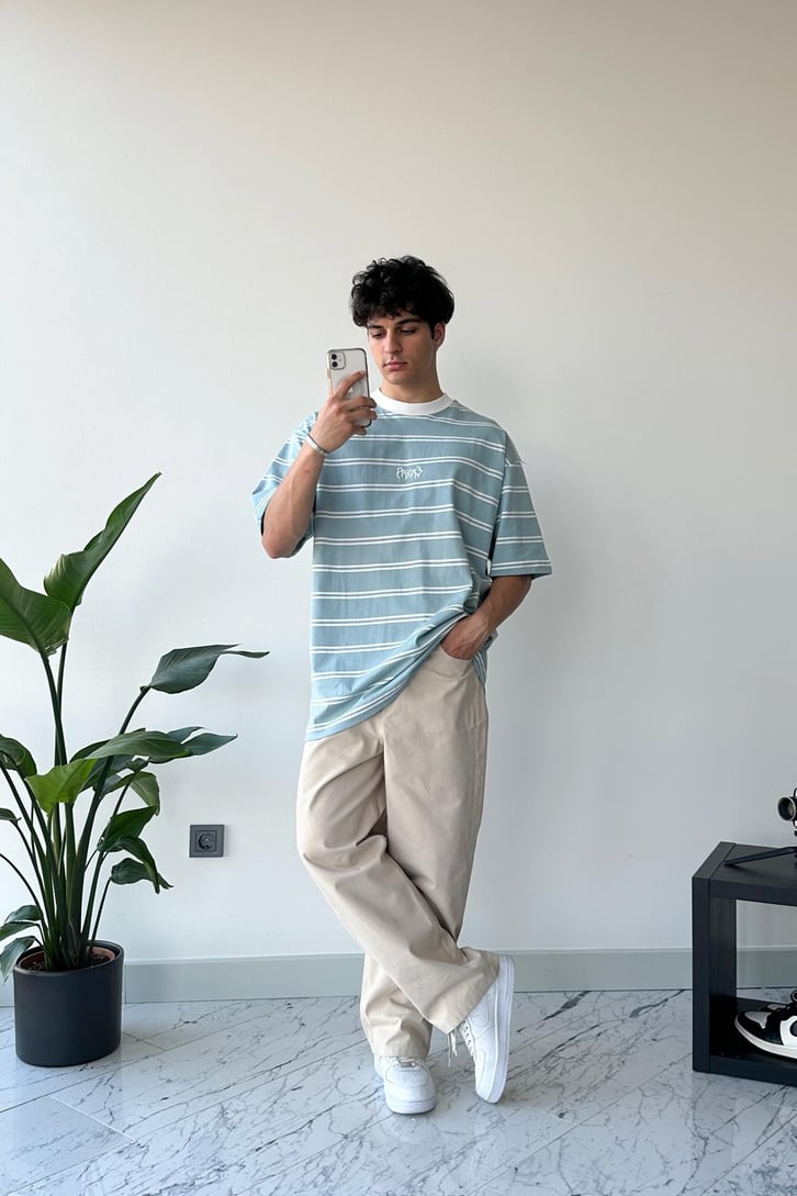 High Scool Baskılı Çizgili Yeşil Oversize Tişört