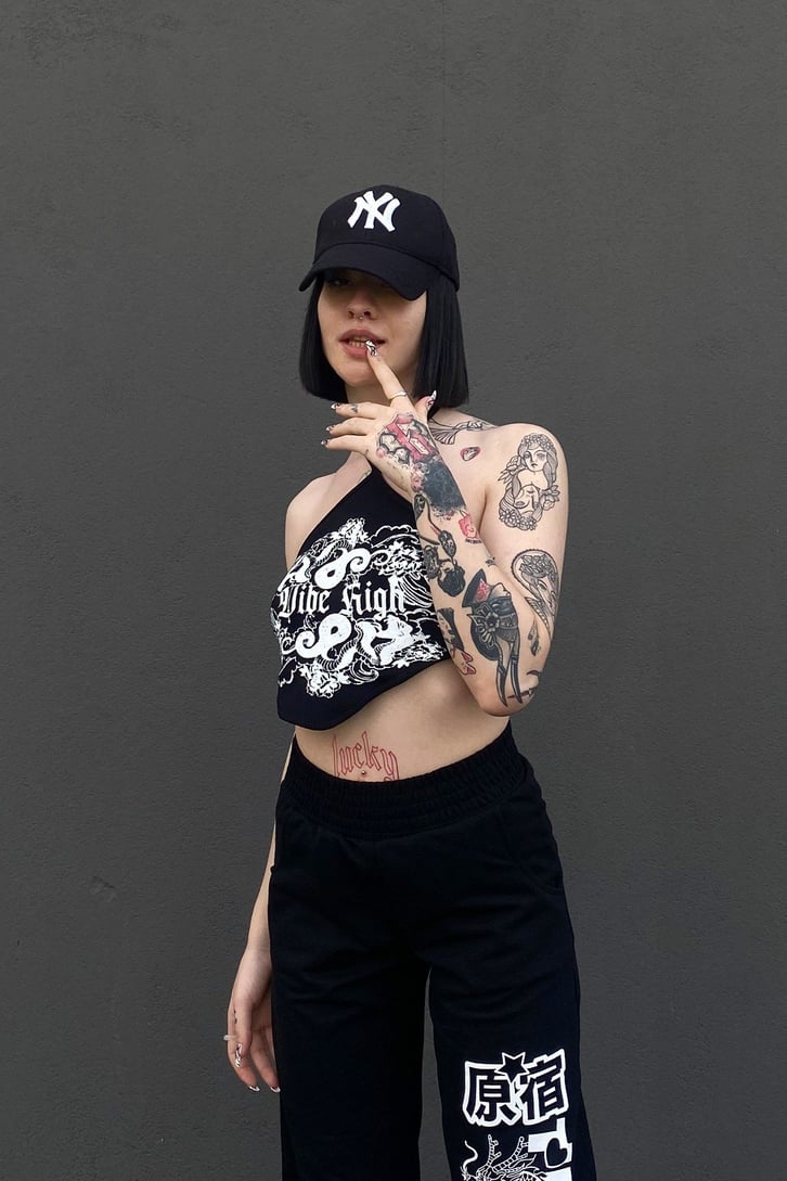 High Vibes Baskılı Siyah Büstiyer