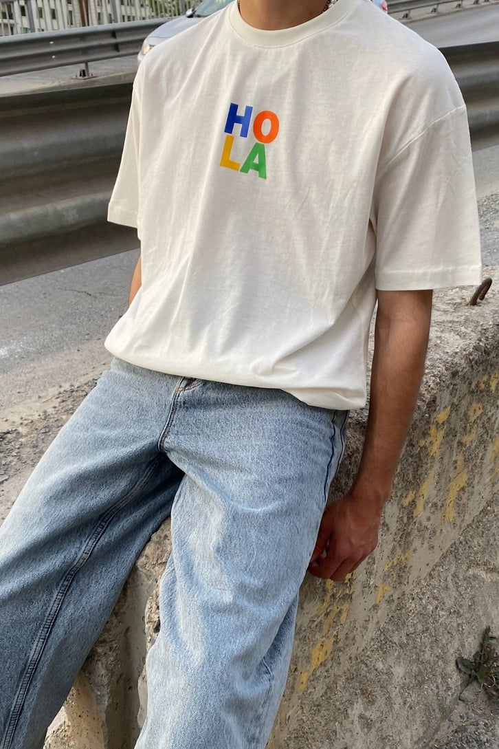 Hola Baskılı Ekru Oversize Tshirt