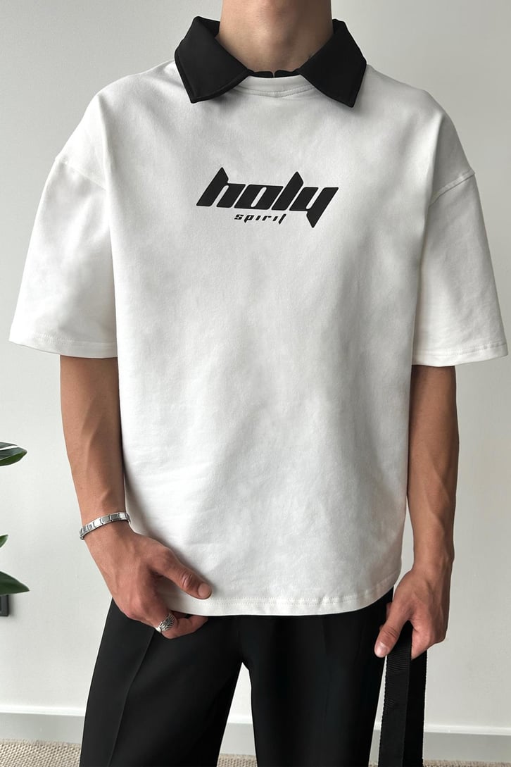 Holy Baskılı Gri Polo Yaka Tişört