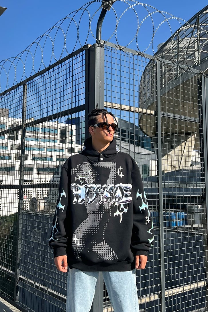 Homme Kol Baskılı Siyah Oversize Sweatshirt