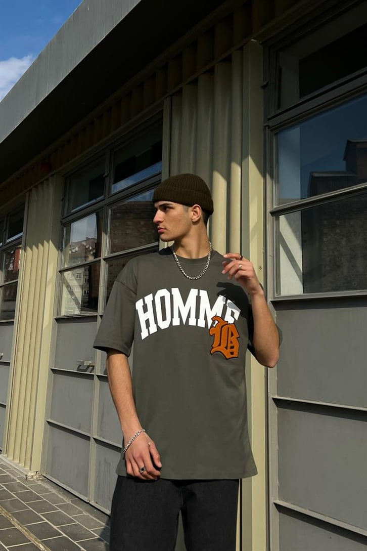 Homme Nakış Detaylı Haki Oversize Tişört