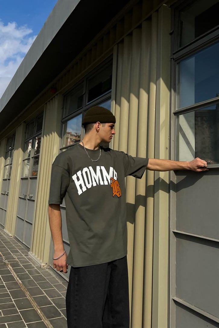 Homme Nakış Detaylı Haki Oversize Tişört