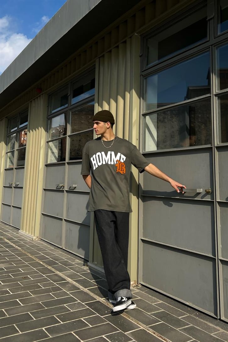 Homme Nakış Detaylı Haki Oversize Tişört