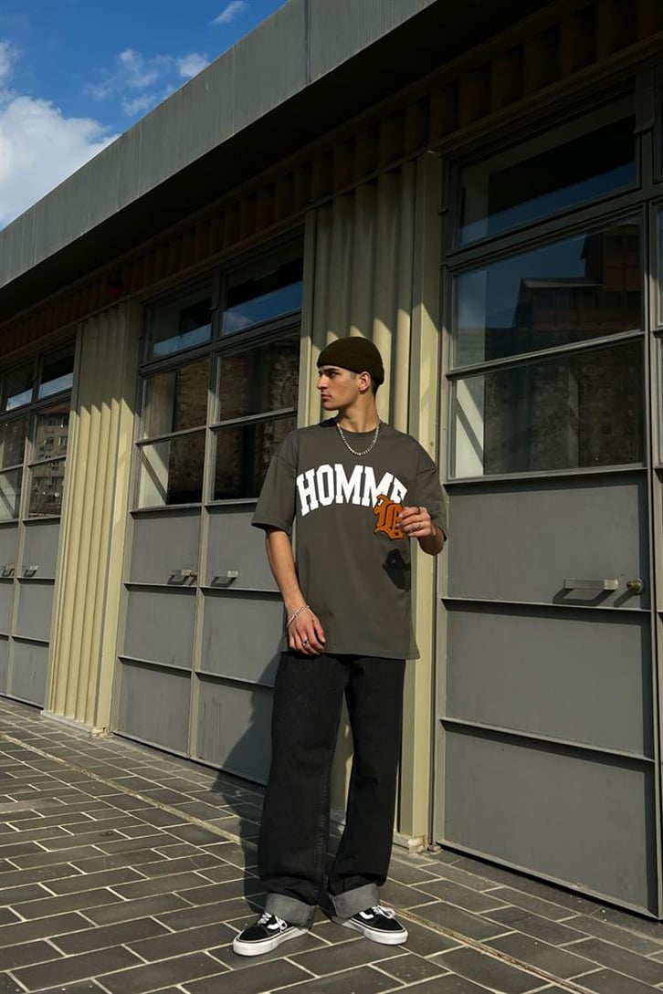 Homme Nakış Detaylı Haki Oversize Tişört