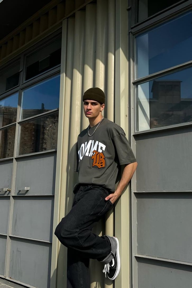 Homme Nakış Detaylı Haki Oversize Tişört