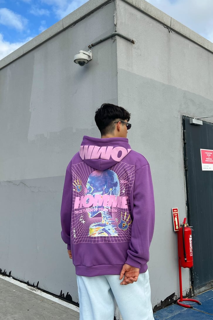 Homme Sırt Baskılı Zipper Mor Sweatshirt