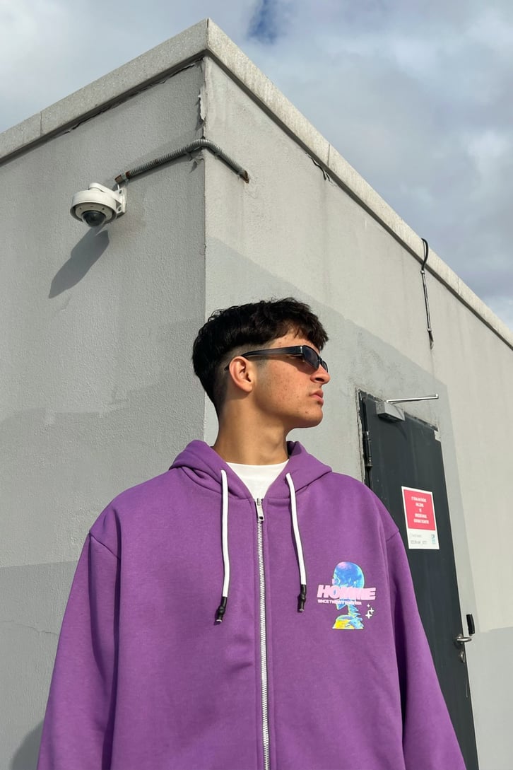 Homme Sırt Baskılı Zipper Mor Sweatshirt