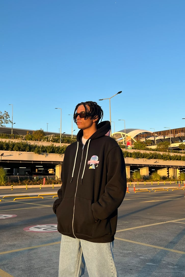 Homme Sırt Baskılı Zipper Siyah Sweatshirt