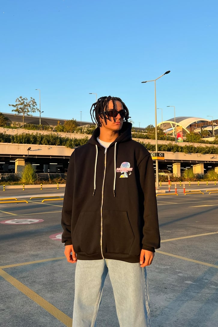 Homme Sırt Baskılı Zipper Siyah Sweatshirt