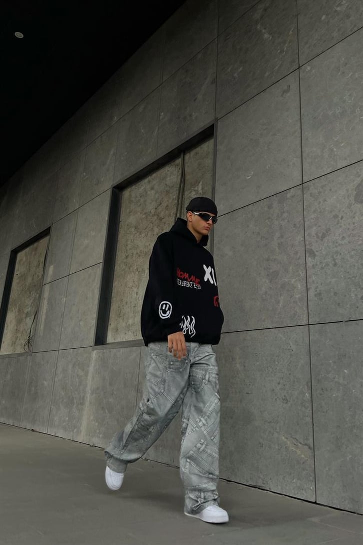 Homme XI Baskılı Siyah Oversize Hoodie