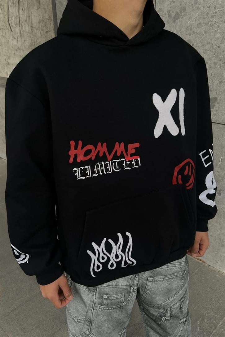 Homme XI Baskılı Siyah Oversize Hoodie