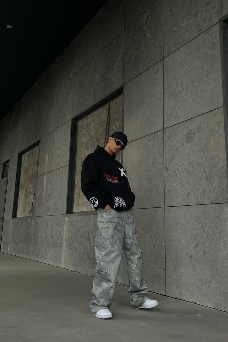 Homme XI Baskılı Siyah Oversize Hoodie
