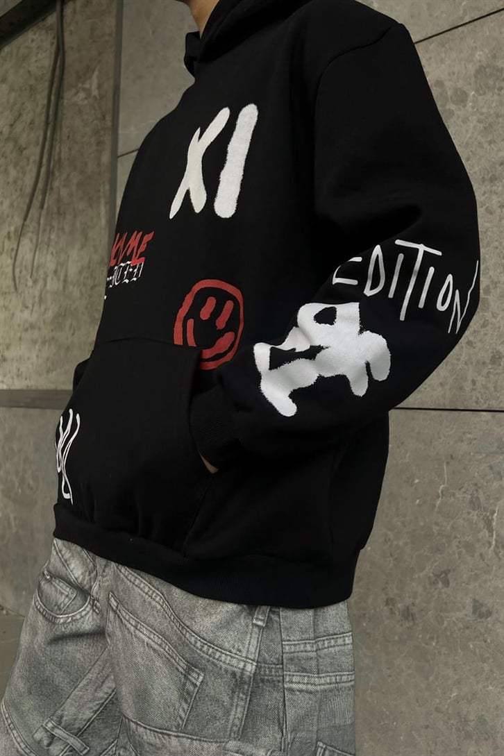 Homme XI Baskılı Siyah Oversize Hoodie