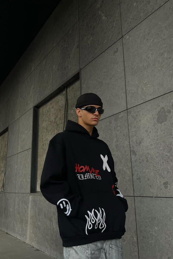 Homme XI Baskılı Siyah Oversize Hoodie