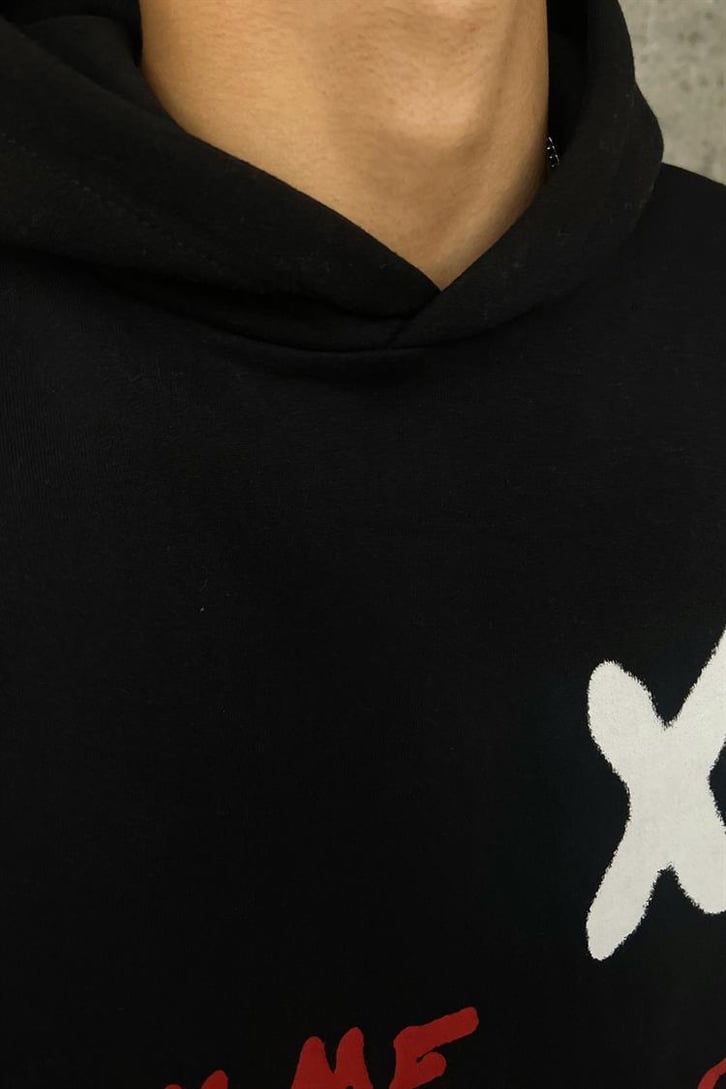 Homme XI Baskılı Siyah Oversize Hoodie